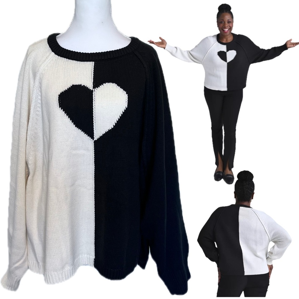 NWOT Black and White Heart Intarsia Sweater 3X  Cotton Blend